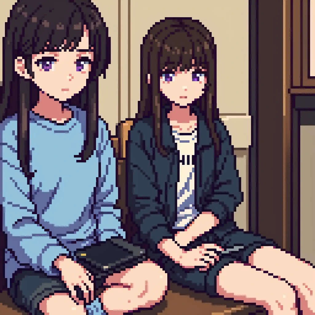 Woman, girl, 20 years old, downtrodden girl, tired girl, confused girl, uncertain posture, long hair, black hair, brown hair. eyes with a transition from blue to purple, dark hair, anime style, 4k image, full body, modern appearance. all the details have been worked out,modern clothes, full-fledged clothes, baggy clothes, cheap clothes, detailed face, lots of details, very detailed, deep, elaborated facial expression, sitting at a computer, in an apartment, Working on a laptop, working at a computer.