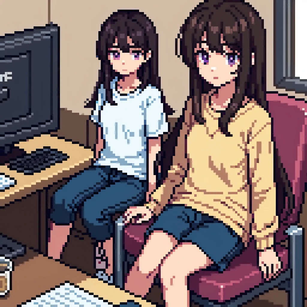 Woman, girl, 20 years old, downtrodden girl, tired girl, confused girl, uncertain posture, long hair, black hair, brown hair. eyes with a transition from blue to purple, dark hair, anime style, 4k image, full body, modern appearance. all the details have been worked out,modern clothes, full-fledged clothes, baggy clothes, cheap clothes, detailed face, lots of details, very detailed, deep, elaborated facial expression, sitting at a computer, in an apartment, Working on a laptop, working at a computer.