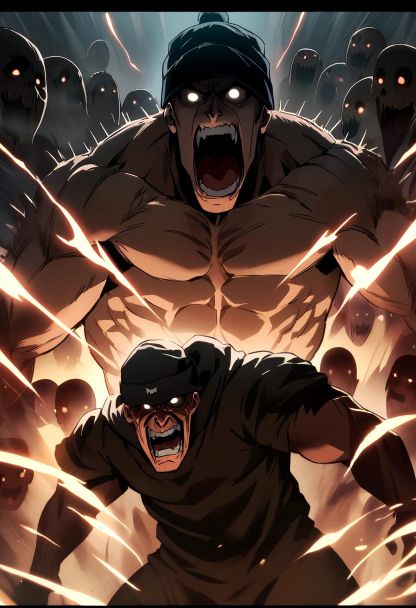 Muscular boy with black beanie hat and visible HALF BROWN HAIR screaming in terror while terrifying and threatening ghosts surround him, epic anime style