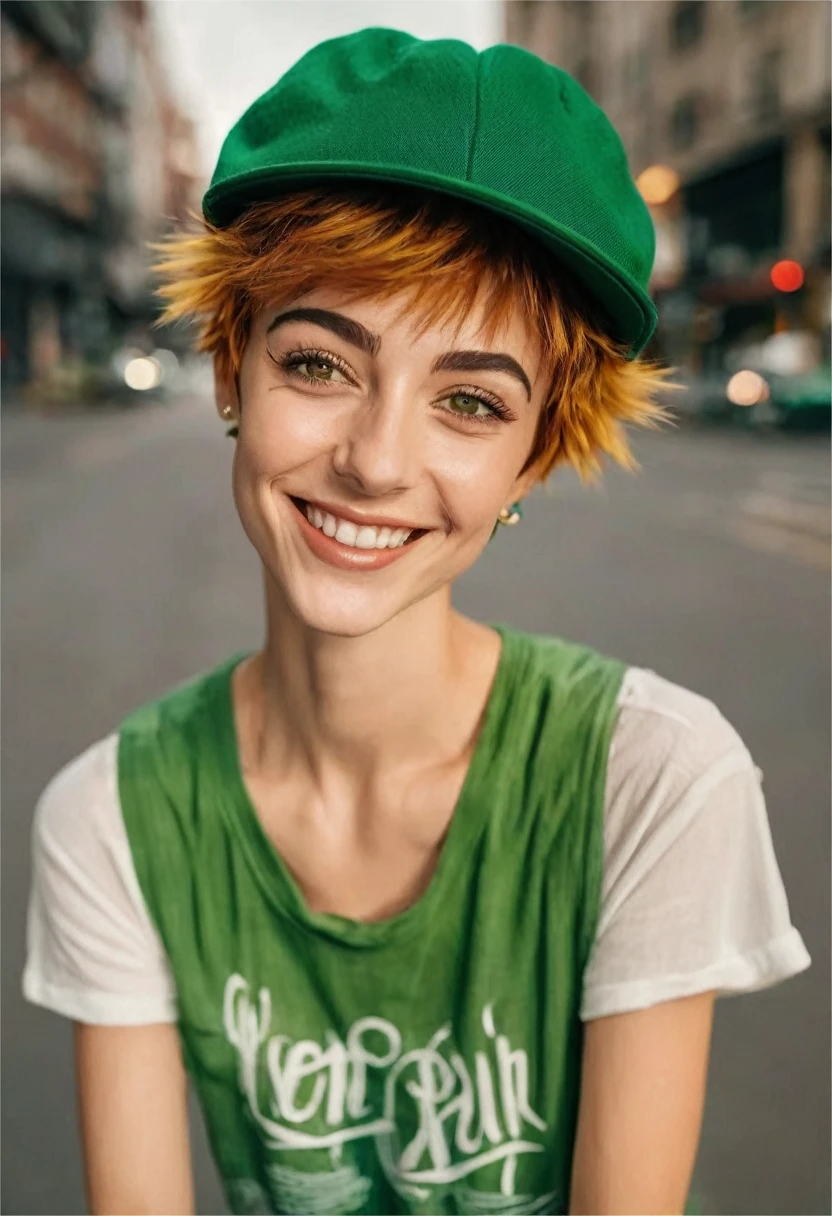 
woman, very short hair boy lesbian light brown gradient, amber eyes, small nose, smile lines, square jaw, punk, sporty skinny body and hairy shaggy hairy, green Peter Pan hat