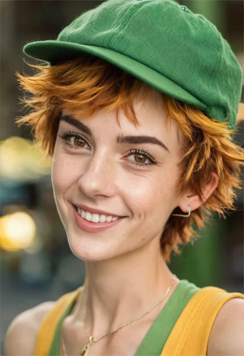 
woman, very short hair boy lesbian light brown gradient, amber eyes, small nose, smile lines, square jaw, punk, sporty skinny body and hairy shaggy hairy, green Peter Pan hat