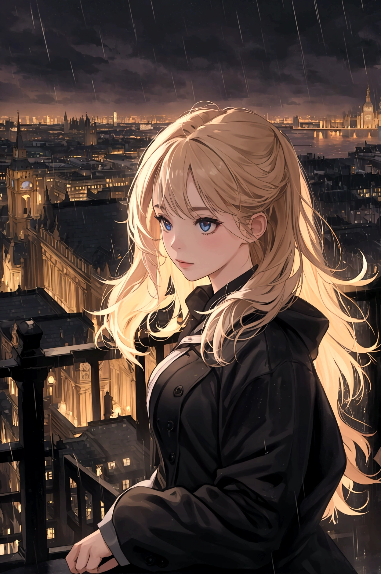 wide shot,4K, 8K, masterpiece, Highest quality, Upper Body, One girl,city, night,rain,london, night sky