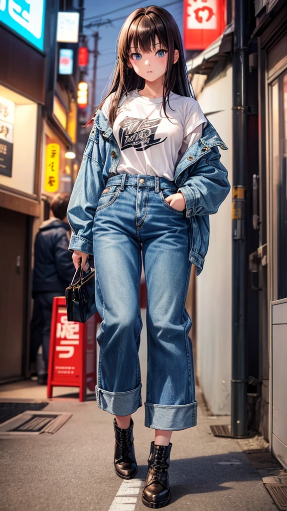 Japanese girl with dark brown hair and bangs, blue eyes, piercing gaze, denim jacket, denim pants, ankle boots, white T-shirt, full length, night Tokyo, blurred background, holding a flip phone in her hand, (90's anime style )