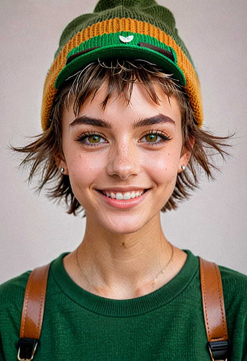 
woman, very short hair boy lesbian light brown gradient, amber eyes, small nose, smile lines, square jaw, punk, sporty skinny body and hairy shaggy hairy, green Peter Pan hat