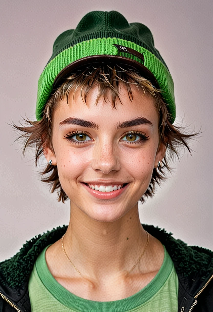 
woman, very short hair boy lesbian light brown gradient, amber eyes, small nose, smile lines, square jaw, punk, sporty skinny body and hairy shaggy hairy, green Peter Pan hat