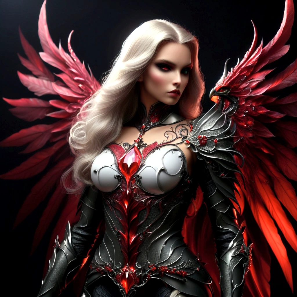 arafed woman in armor with red wings and a black background, angel knight gothic girl, raven winged female vampire, angel knight girl, lady in red armor, beautiful cyborg angel girl, angel in plastic armor, succubus | medieval, beautiful female knight, of a beautiful female knight, 3 d render character art 8 k, beautiful elegant demon queen