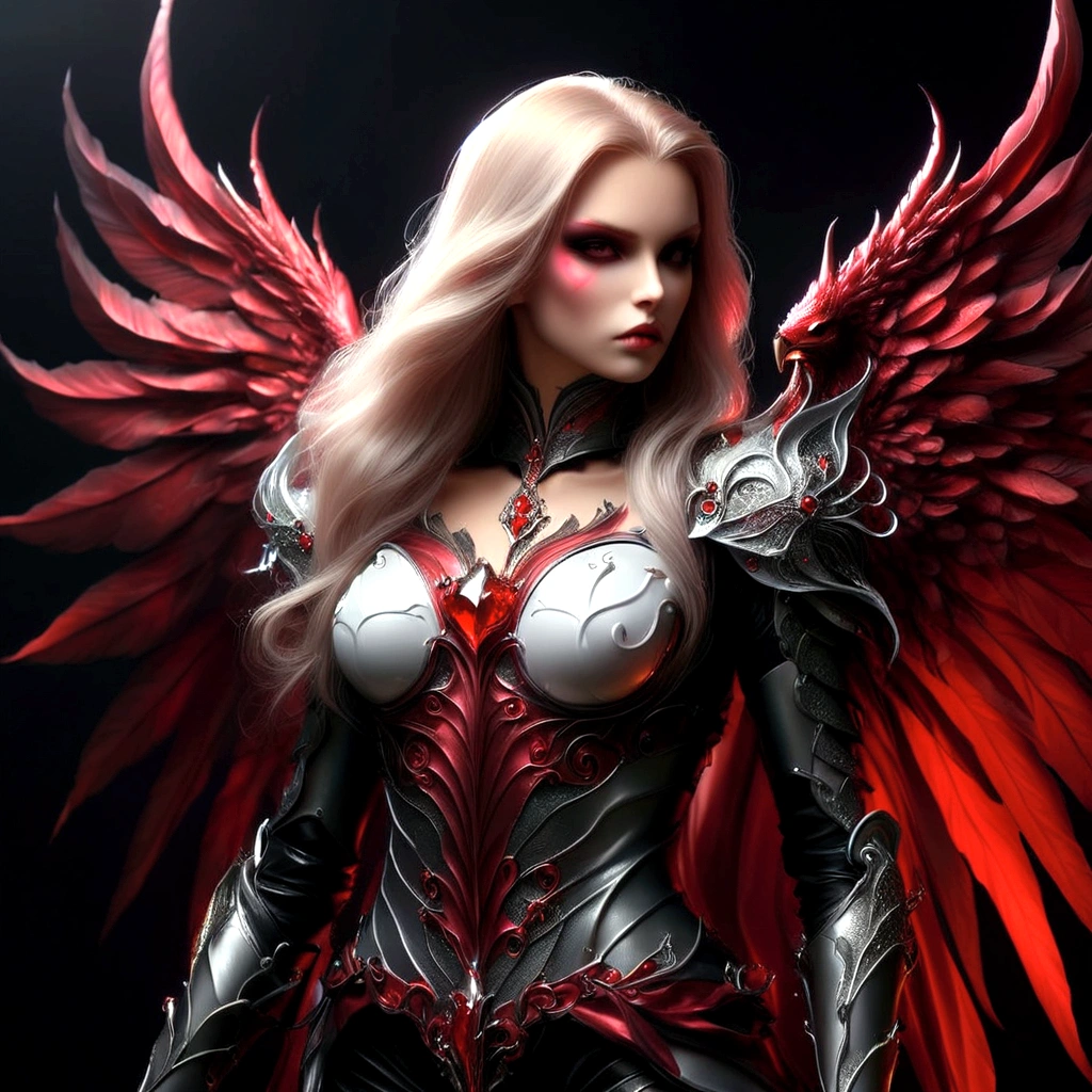 arafed woman in armor with red wings and a black background, angel knight gothic girl, raven winged female vampire, angel knight girl, lady in red armor, beautiful cyborg angel girl, angel in plastic armor, succubus | medieval, beautiful female knight, of a beautiful female knight, 3 d render character art 8 k, beautiful elegant demon queen