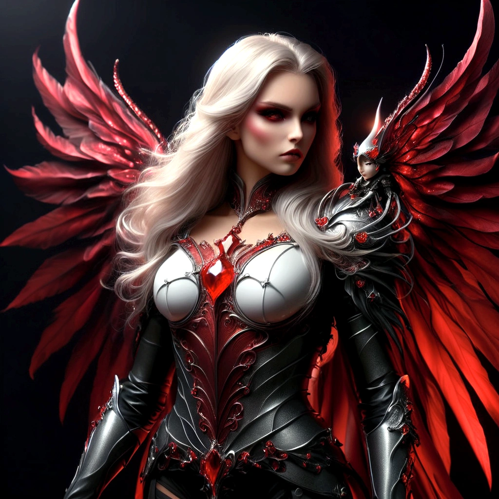 arafed woman in armor with red wings and a black background, angel knight gothic girl, raven winged female vampire, angel knight girl, lady in red armor, beautiful cyborg angel girl, angel in plastic armor, succubus | medieval, beautiful female knight, of a beautiful female knight, 3 d render character art 8 k, beautiful elegant demon queen