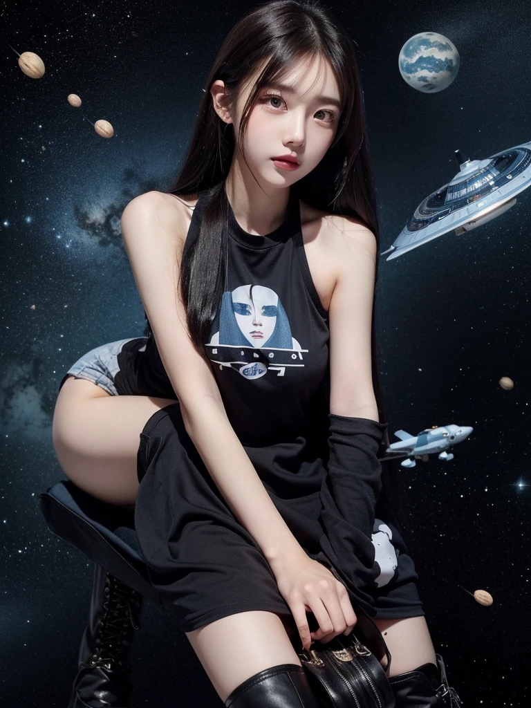 Beautiful woman wearing a Grey and dark blue dan  Wearing  clothes mini dress with decorations on the shirt and visible shoulders and wearing boots and being photographed with a Outer space  background And he was on a jet plane while wearing a mask  ,Korean style swag, beautiful face so gorgeous, Beautiful eyes, y2k style