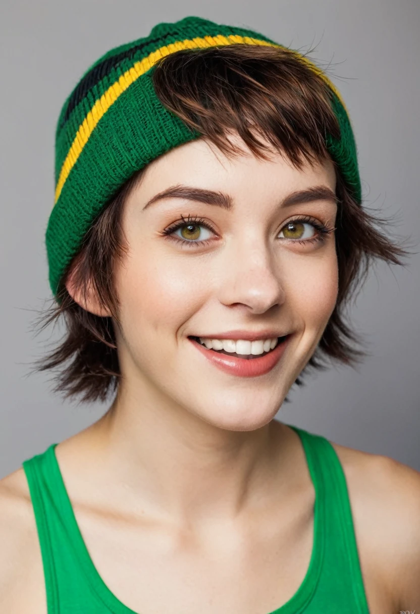 woman, very short hair boy lesbian light brown gradient, amber eyes, small nose, smile lines, square jaw, punk, sporty skinny body and hairy shaggy hairy, green Peter Pan hat