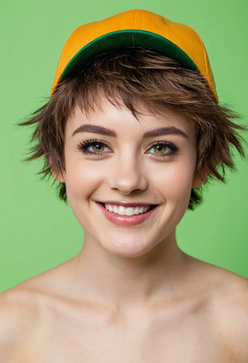 
woman, very short hair boy lesbian light brown gradient, amber eyes, small nose, smile lines, square jaw, punk, sporty skinny body and hairy shaggy hairy, green Peter Pan hat