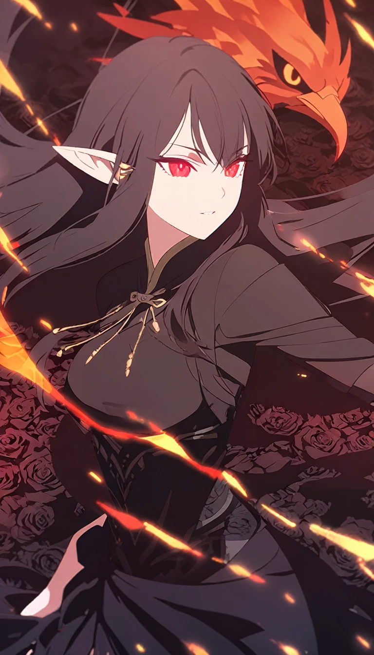1woman, elven ears, darkness god, fire black hair, straight hairstyle, glowing red eyes, black roses field, fire bird, warrior, elegant thai dress,