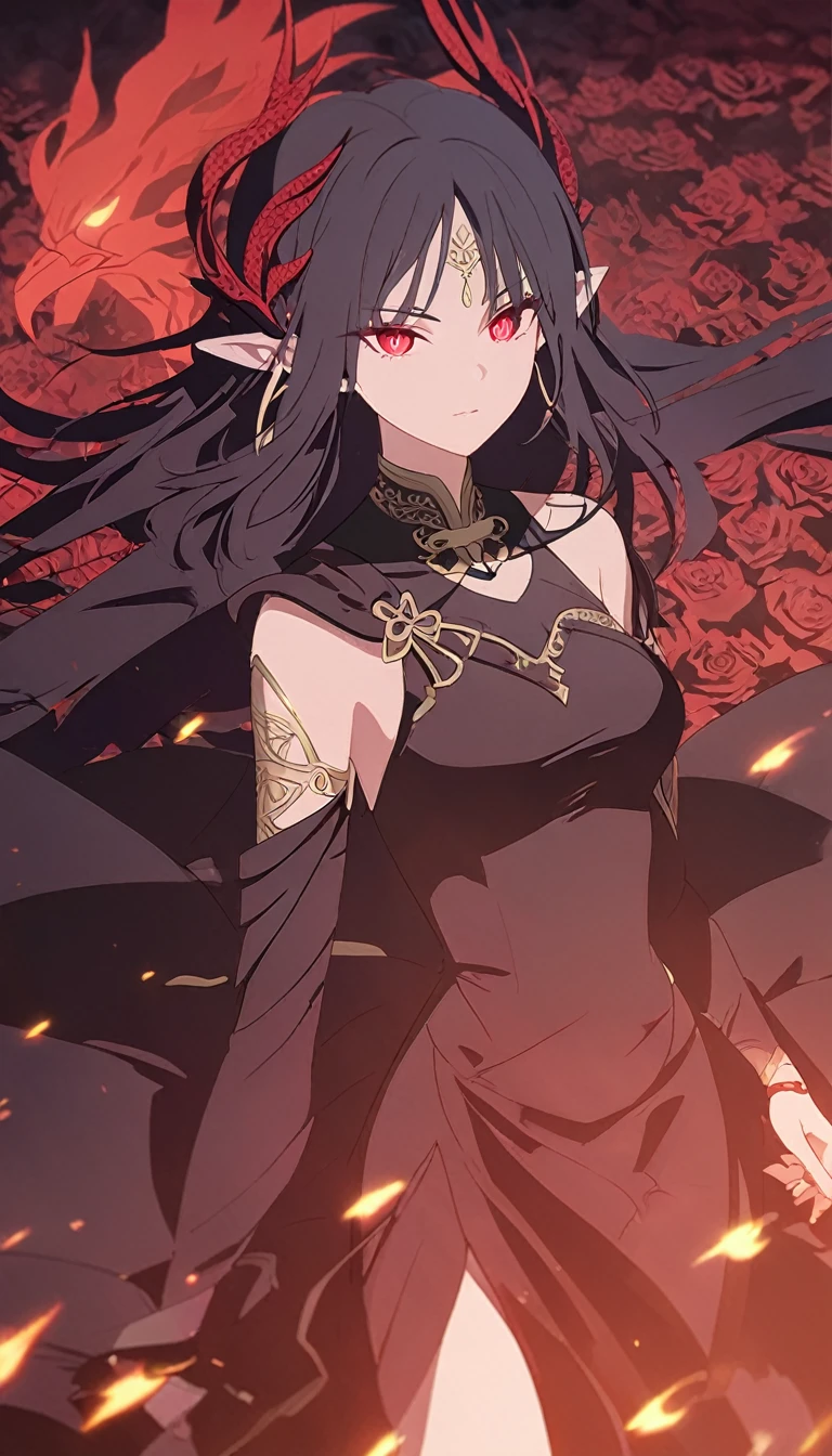 1woman, elven ears, darkness god, fire black hair, straight hairstyle, glowing red eyes, black roses field, fire bird, warrior, elegant thai dress,