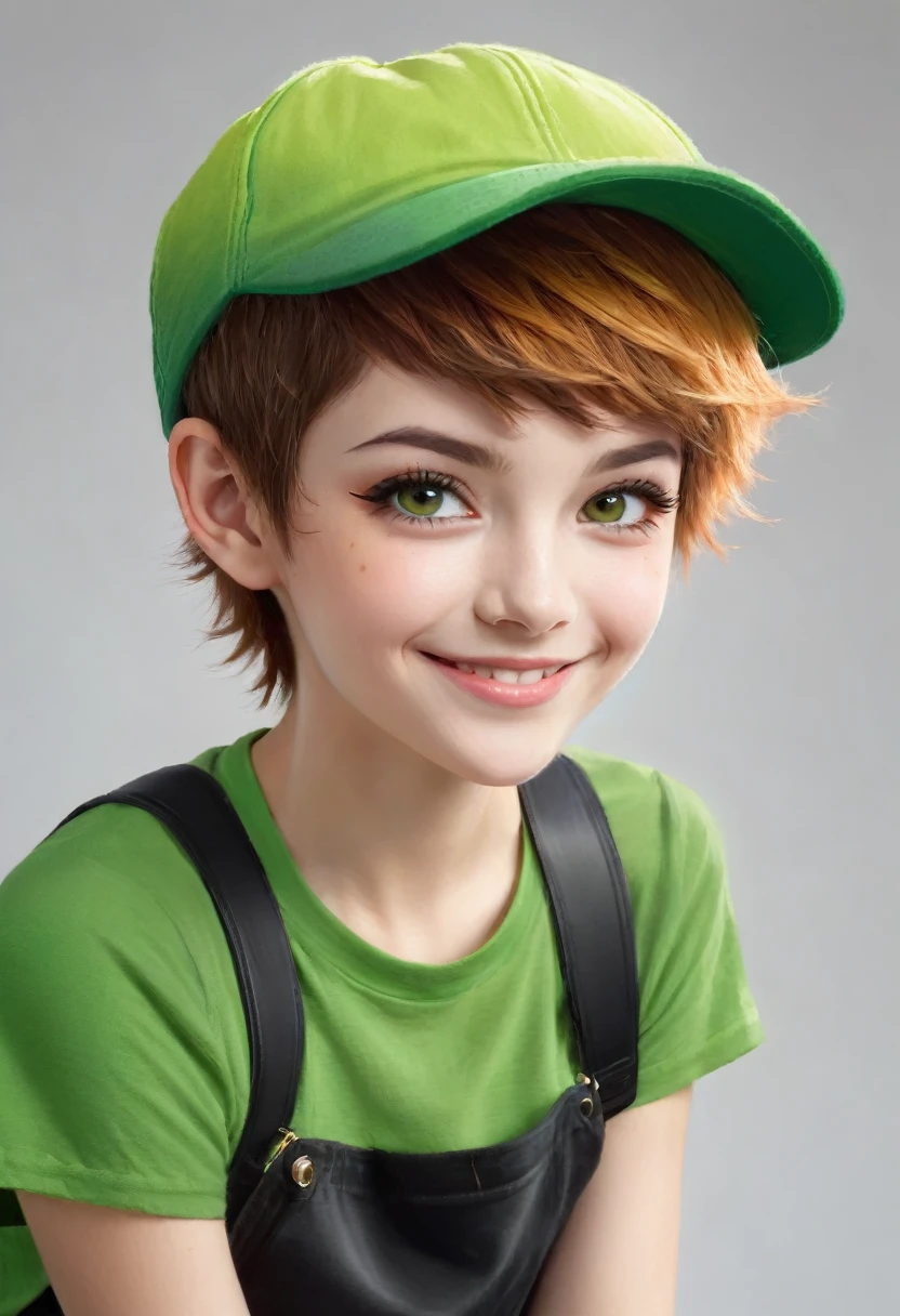 
woman, very short hair boy lesbian light brown gradient, amber eyes, small nose, smile lines, square jaw, punk, sporty skinny body and hairy shaggy hairy, green Peter Pan hat