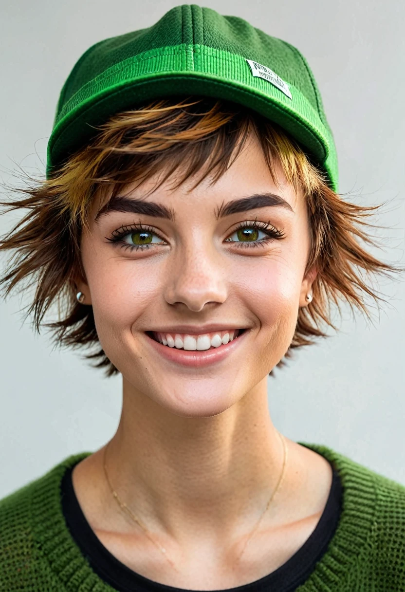 
woman, very short hair boy lesbian light brown gradient, amber eyes, small nose, smile lines, square jaw, punk, sporty skinny body and hairy shaggy hairy, green Peter Pan hat