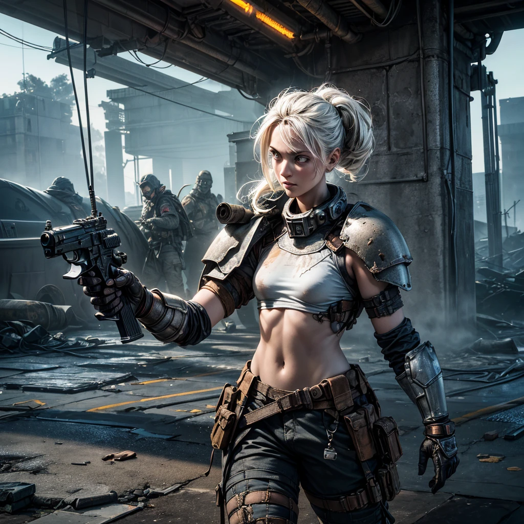 ((A futuristic female warrior wearing light armor and armed with an automatic assault rifle shooting at an unseen enemy beyond the view of the camera. The firefight takes place in an urban environment nearby concrete and steel buildings the warrior is using for cover from enemy fire)), ((post-apocalyptic)), ((dark low ambient light)), ((shooting weapon)), ((gunfire)), ((muzzle flashes)), ((bullet impacts)), ((worn and faded signage)), ((fog and mist)), industrial atmosphere of dark fantasy, superb render, sublime texturing, extreme detail and resolution, highly reflective surface textures, ((steel textures)), ((cement and stone textures)), ((rust textures)), centered and perfect presentation and composition, hypermaximalist, insanely detailed and intricate, 8k, RAW image, hyper resolution, minimal lighting, ambient occlusion style, rule of thirds