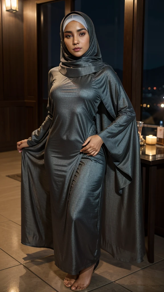 Perfect eyes and face, normal limbs, a 23 years old hijab lady, smokey eyes make-up, loose hijab, thin gamis, prefect body type, elegant temprament, night theme, warm ambient light, full body, seductive pose, arrogant face, glowing skin, tan skin, realistic human, at five staras hotel