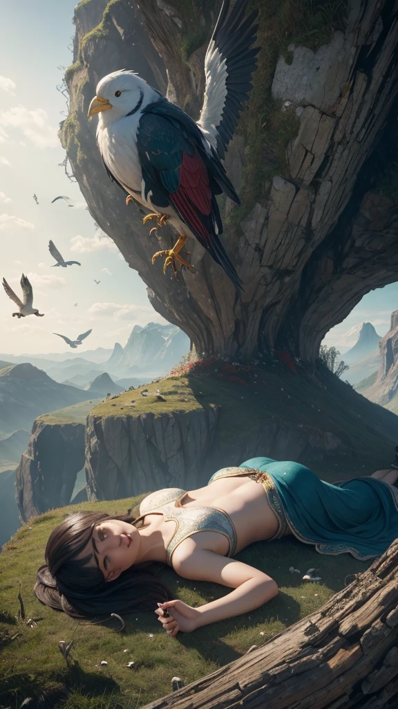 a woman lying on the ground, Birds perched on her lap, Gulliver's Travels, Gulliver's Travels, maurizio cattelan, detailed concept photography, sports creative image composition, surreal object photography, by Storm Thorgerson, surreal nightmare scene, miniature photography , stills from God of War, by Leandro Erlich, terry gilliam, little people!! !, manipulation.fan bing.Beautiful giant girl. Big thighs.
