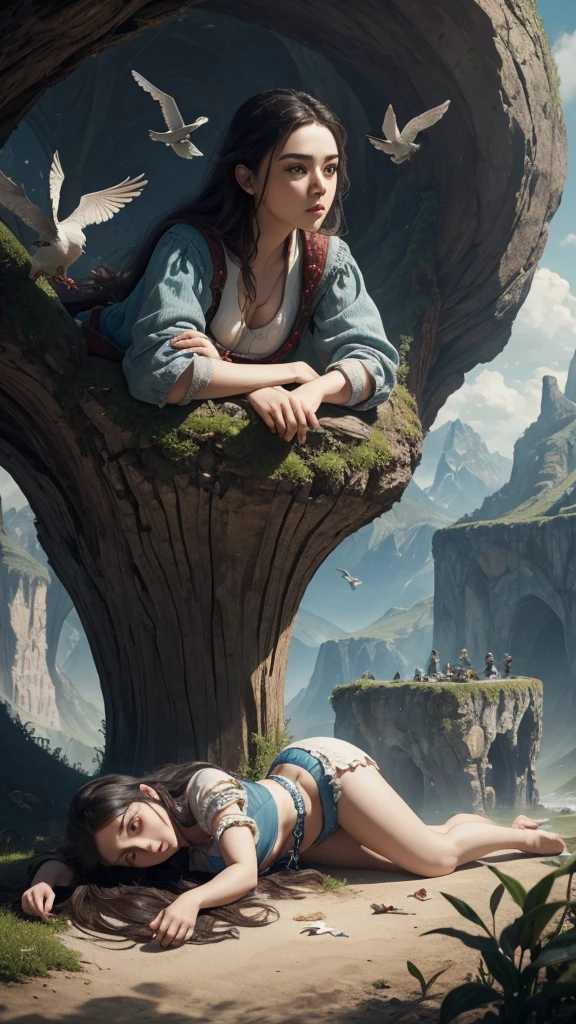 a woman lying on the ground, Birds perched on her lap, Gulliver's Travels, Gulliver's Travels, maurizio cattelan, detailed concept photography, sports creative image composition, surreal object photography, by Storm Thorgerson, surreal nightmare scene, miniature photography , stills from God of War, by Leandro Erlich, terry gilliam, little people!! !, manipulation.fan bing.Beautiful giant girl. Big thighs.