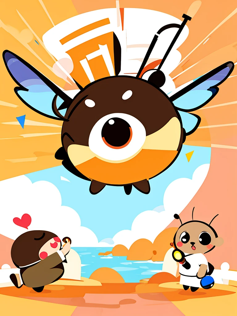 A chibi poop character, cute, 2 round eyes, adorable, 3 cute flies frying above it,