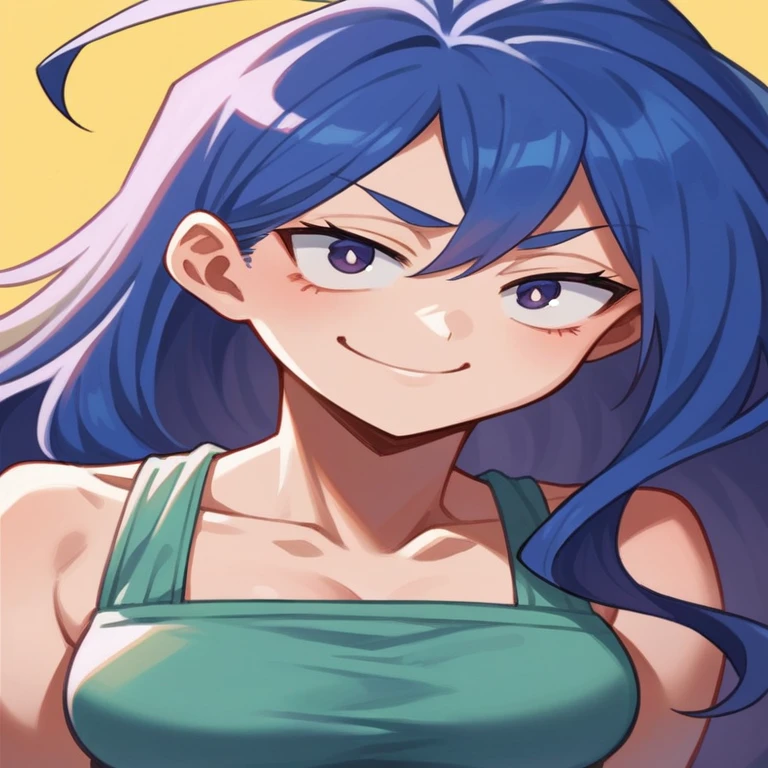 a closeup of a woman with blue hair and a green top, anime moe art style, 2D anime style, I will also make fanart., anime style flat shading, in an anime style, wonderful expression, Hinata hyuga, portrait de estilo anime, sensual smile, portrait, Knights of the Zodiac, , Detailed anime character art, smile expression, in anime style