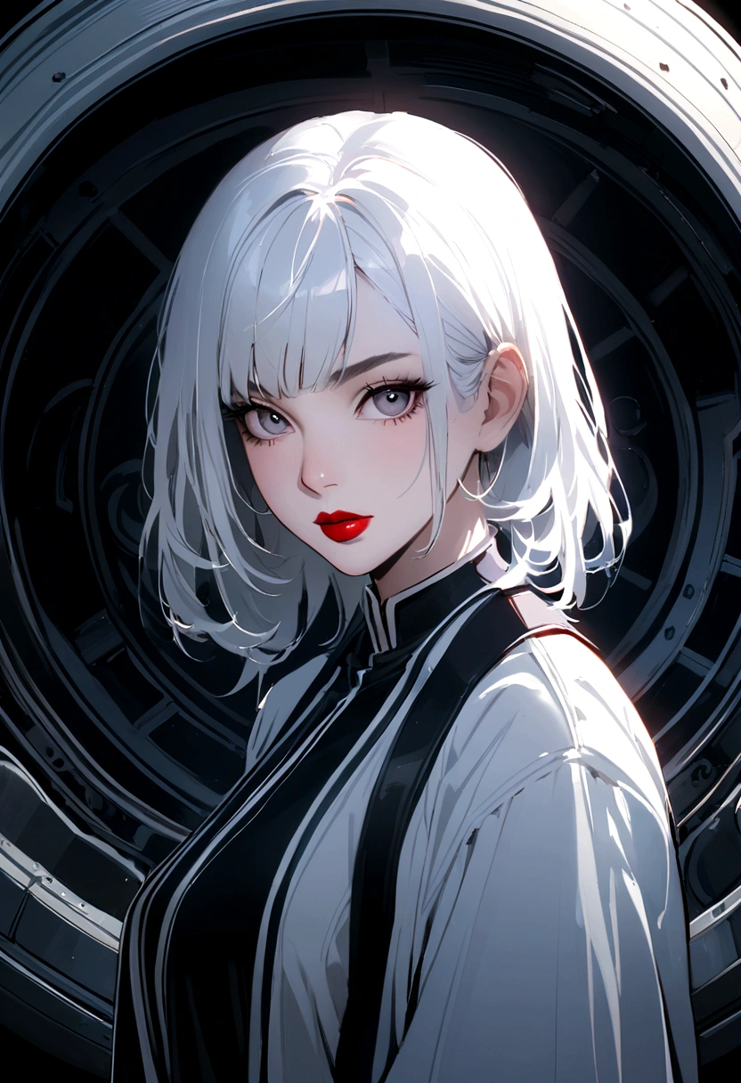 highest quallity, realisitic, very detailled, high resolution, 8 k wallpaper, RAW Photos, professional photograpy, realisitic, 1 girl, (((black and white photography))), (((Just red lips))), trunk, shorth hair, Bob Hair, slickedback hair, Small, shapely breasts, face perfect, (close do rosto), ((looking at the camera)), (from low)