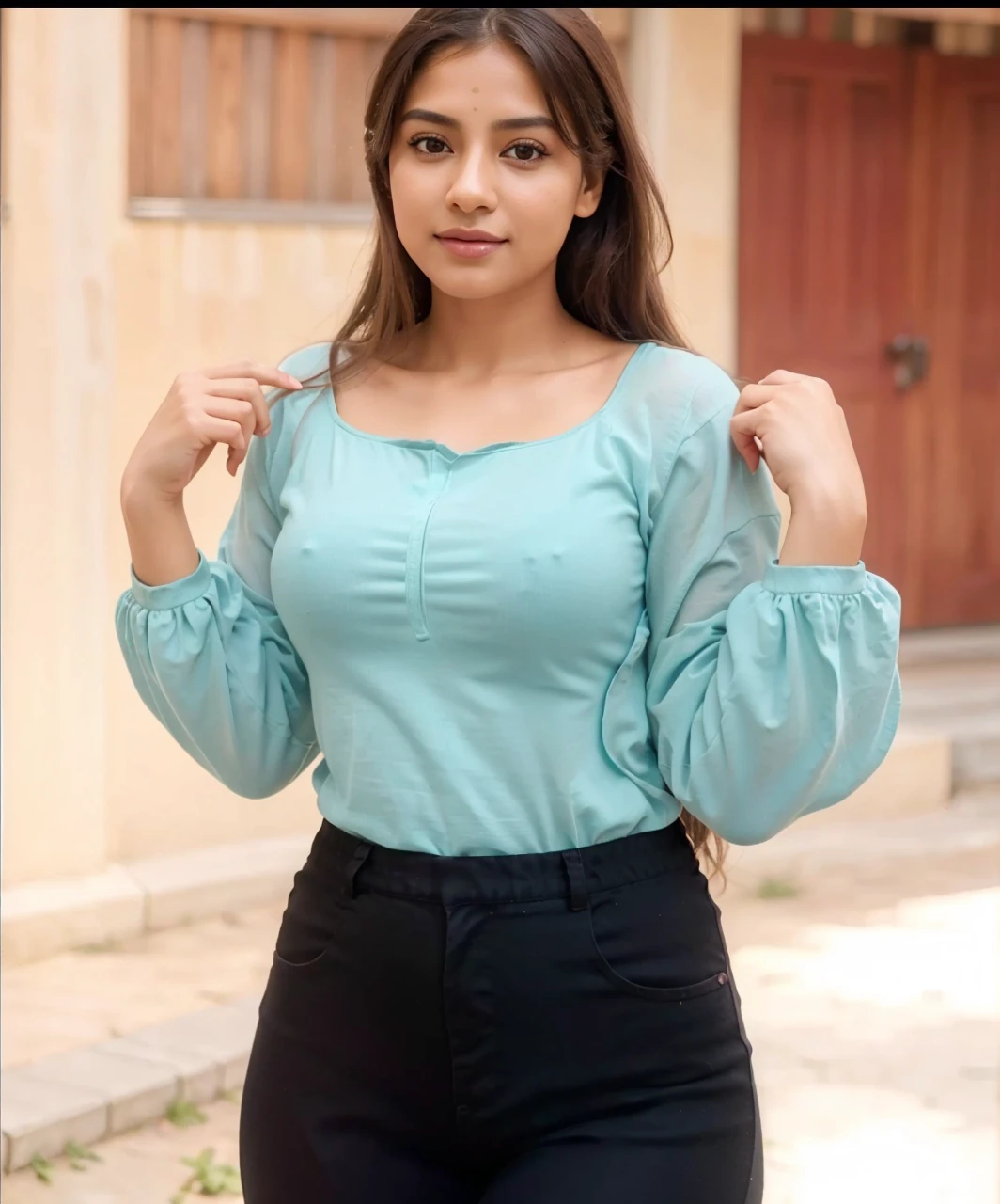(best quality,4k,8k,highres,masterpiece:1.2),ultra-detailed,(realistic,photorealistic,photo-realistic:1.37),glowart:1.0,(bright,sketch,drawing:1.0),1girl,blush,collarbone,hair between eyes,long hair,looking at viewer,bra,portrait,shiny,shiny hair,side ponytail,pooja1,artistic color palette,vibrant colors,soft lighting,peaceful expression,subtle glow,playful atmosphere,gentle brushstrokes,colorful backdrop,captivating gaze,expressive eyes,dainty features,delicate shading,dynamic composition,intricate details,subdued background,bold contrast,ethereal aura,impressionistic style, pooja1
Create a full-body image of a realistic model. The model should have curly hair, light skin, and be wearing large round glasses. She should be dressed in a stylish, fluffy, pink top similar to the one in the provided image. The background should be simple and not distracting, highlighting the model. The model should have a confident and relaxed posture.