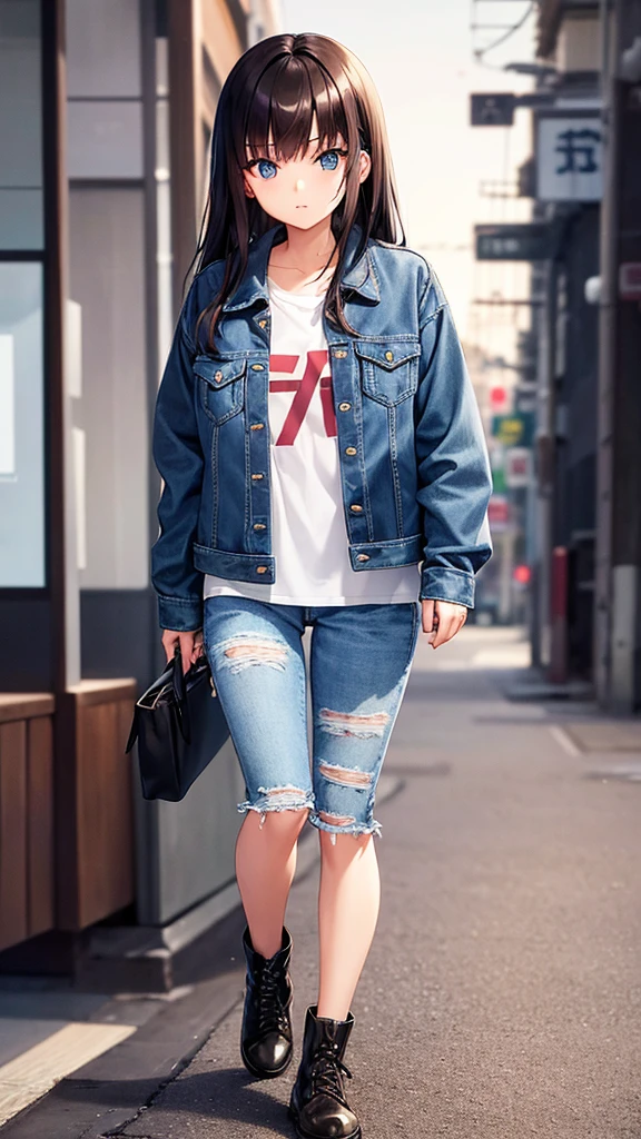 Japanese girl 17 years old with dark brown hair and bangs, blue eyes, piercing gaze, denim jacket, denim pants, ankle boots, white T-shirt, full length, night Tokyo, blurred background, holding a flip phone in her hand, (90's anime style )