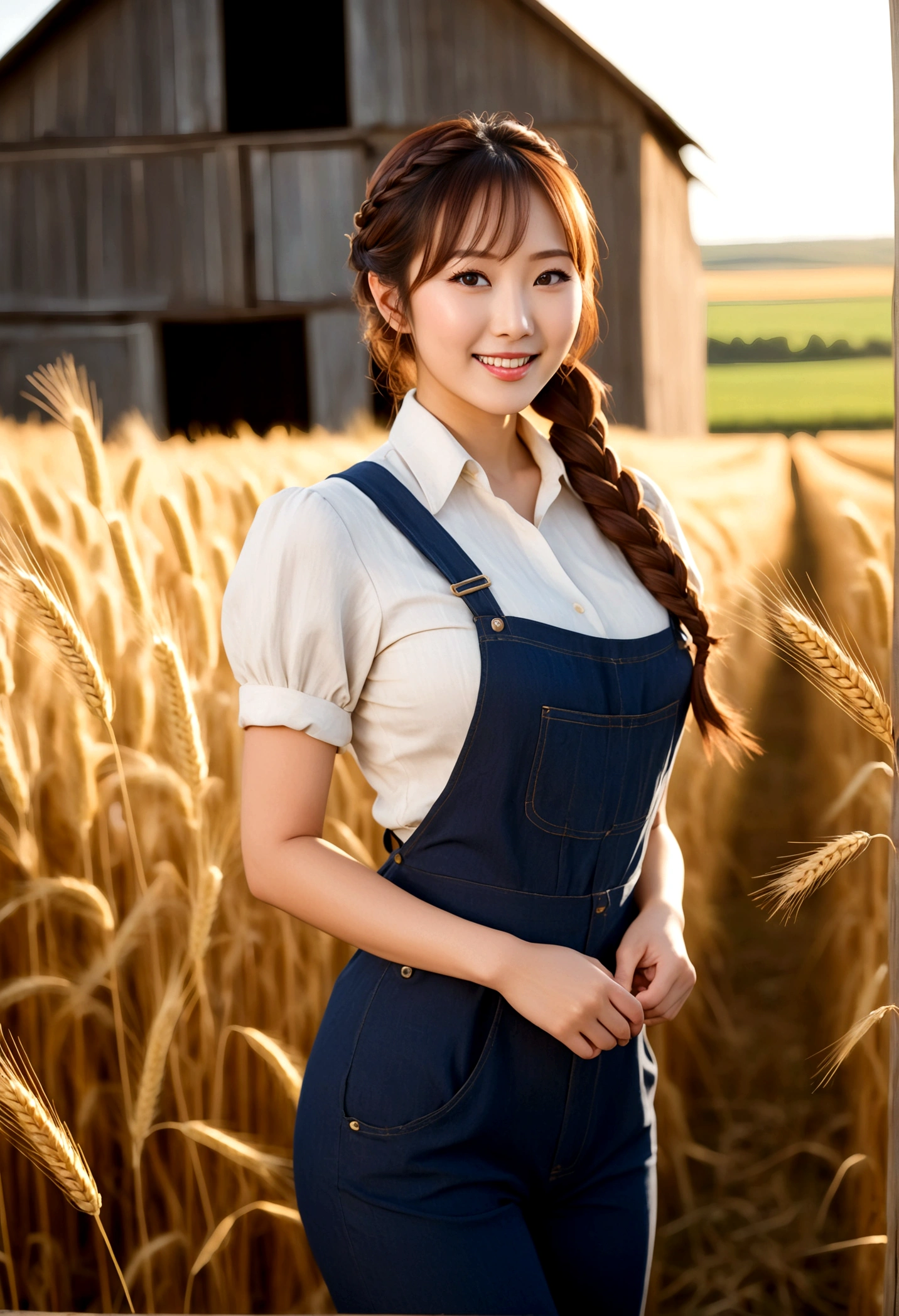 Hitomi Tanaka, 20 years old, tall and attractive, wearing a cute country body tape outfit, hair braided, standing in a rustic farm setting. She has a soft, gentle smile and expressive eyes. In the background are charming barns, golden wheat fields and clear blue skies. The composition should be bathed in warm golden hour light, with soft depth of field and soft bokeh to accentuate the idyllic tranquility. Capture images as if they were shot on vintage 35mm film for added oomph, filmg,