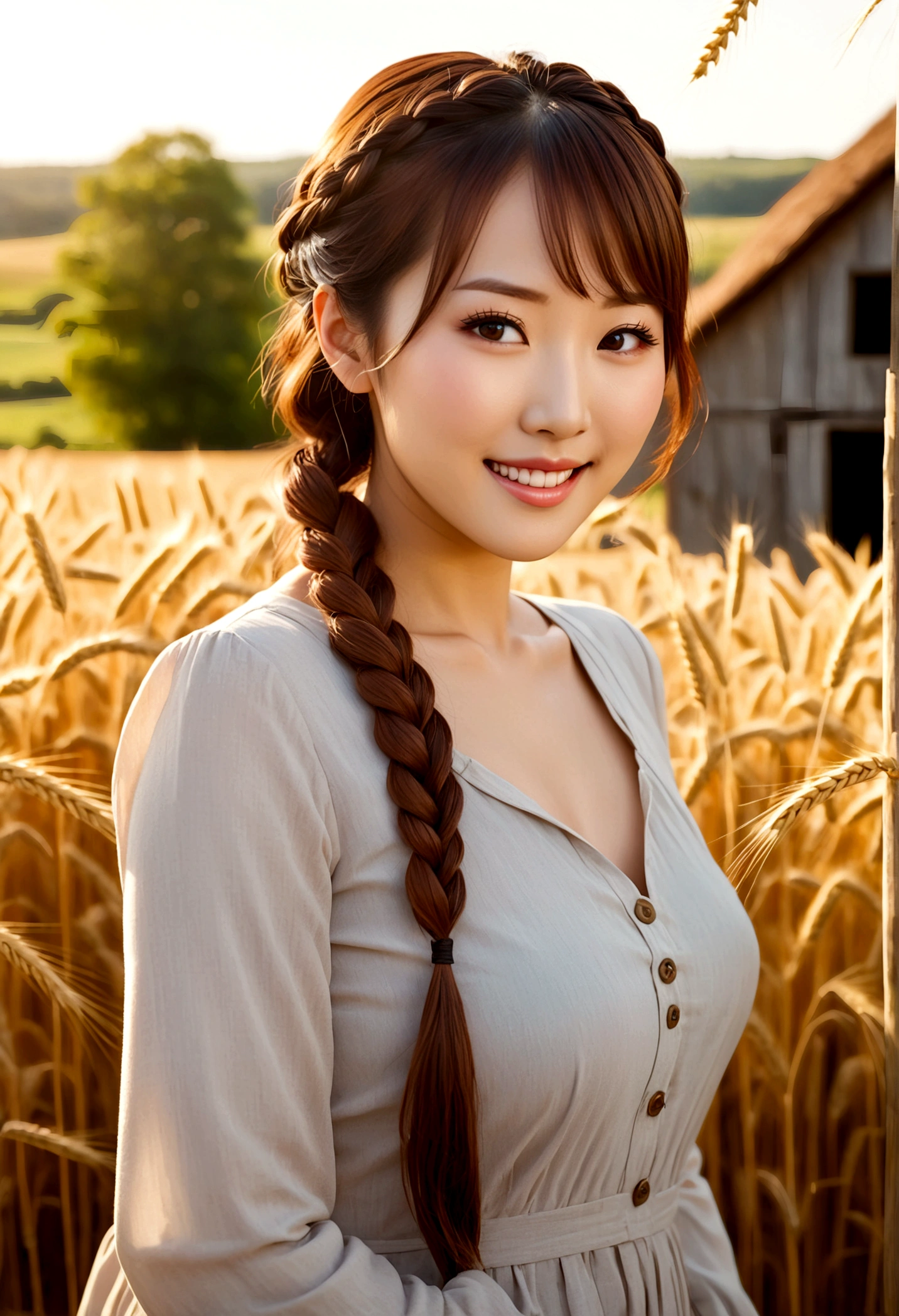 anime girl, cute, pretty,, (((topless))), (((small breast))), in a wheatfield, short rose skirt, epic, cinematic, gorgeous