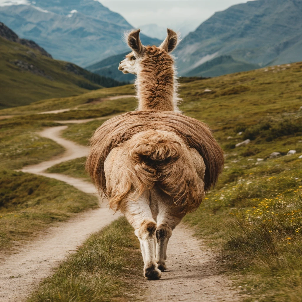 A stunning wildlife photograph capturing the majestic back view of a llama walking gracefully along a winding path amidst green meadows in the Andes mountain range. The llama's coat is a mix of brown and beige, with its long, thick hair flowing gently in the breeze. A scenic mountain backdrop frames the image, and the meadow is lush with wildflowers, offering a sense of serenity and tranquility., wildlife photography