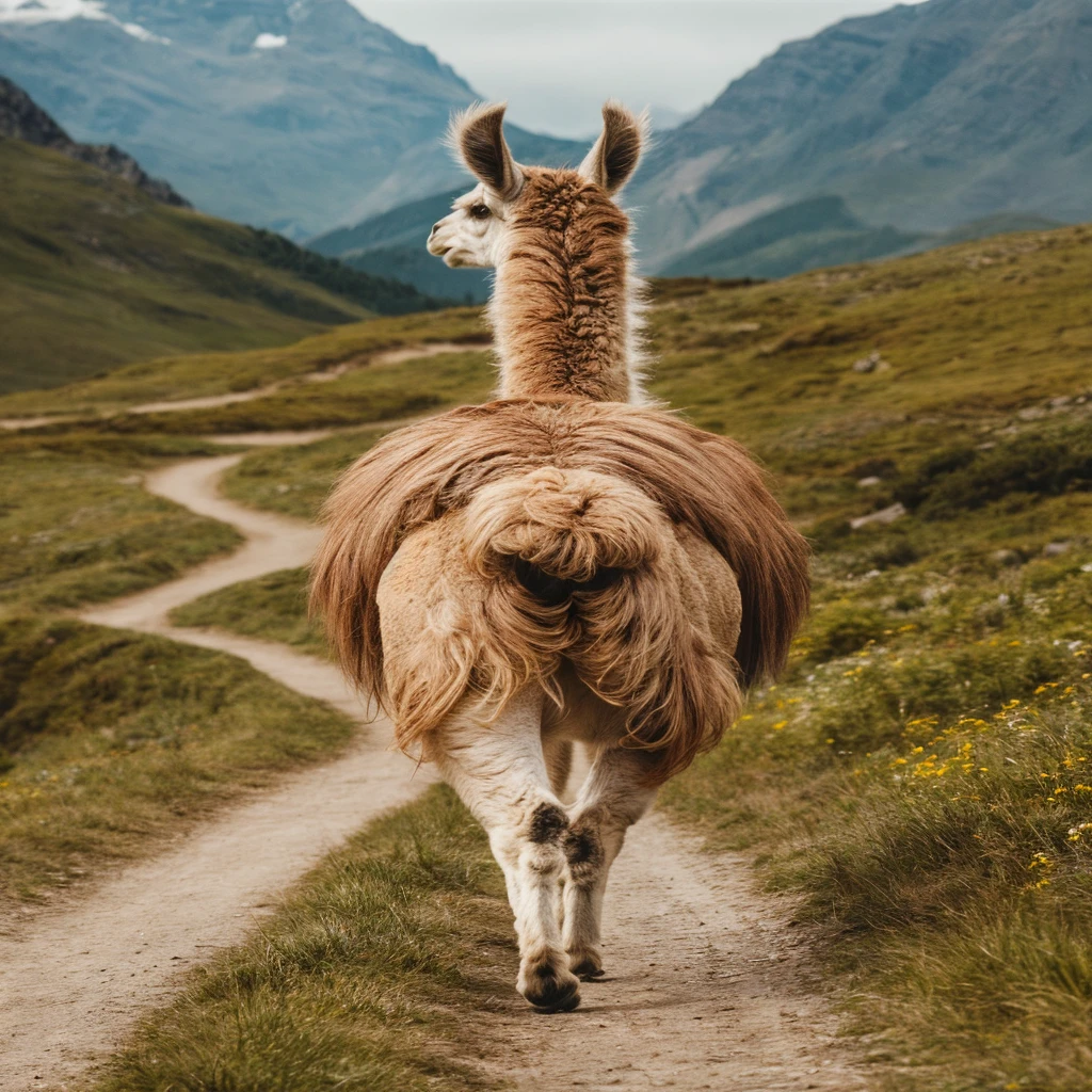 A stunning wildlife photograph capturing the majestic back view of a llama walking gracefully along a winding path amidst green meadows in the Andes mountain range. The llama's coat is a mix of brown and beige, with its long, thick hair flowing gently in the breeze. A scenic mountain backdrop frames the image, and the meadow is lush with wildflowers, offering a sense of serenity and tranquility., wildlife photography