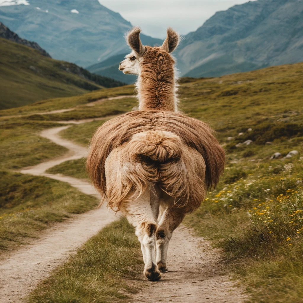 A stunning wildlife photograph capturing the majestic back view of a llama walking gracefully along a winding path amidst green meadows in the Andes mountain range. The llama's coat is a mix of brown and beige, with its long, thick hair flowing gently in the breeze. A scenic mountain backdrop frames the image, and the meadow is lush with wildflowers, offering a sense of serenity and tranquility., wildlife photography