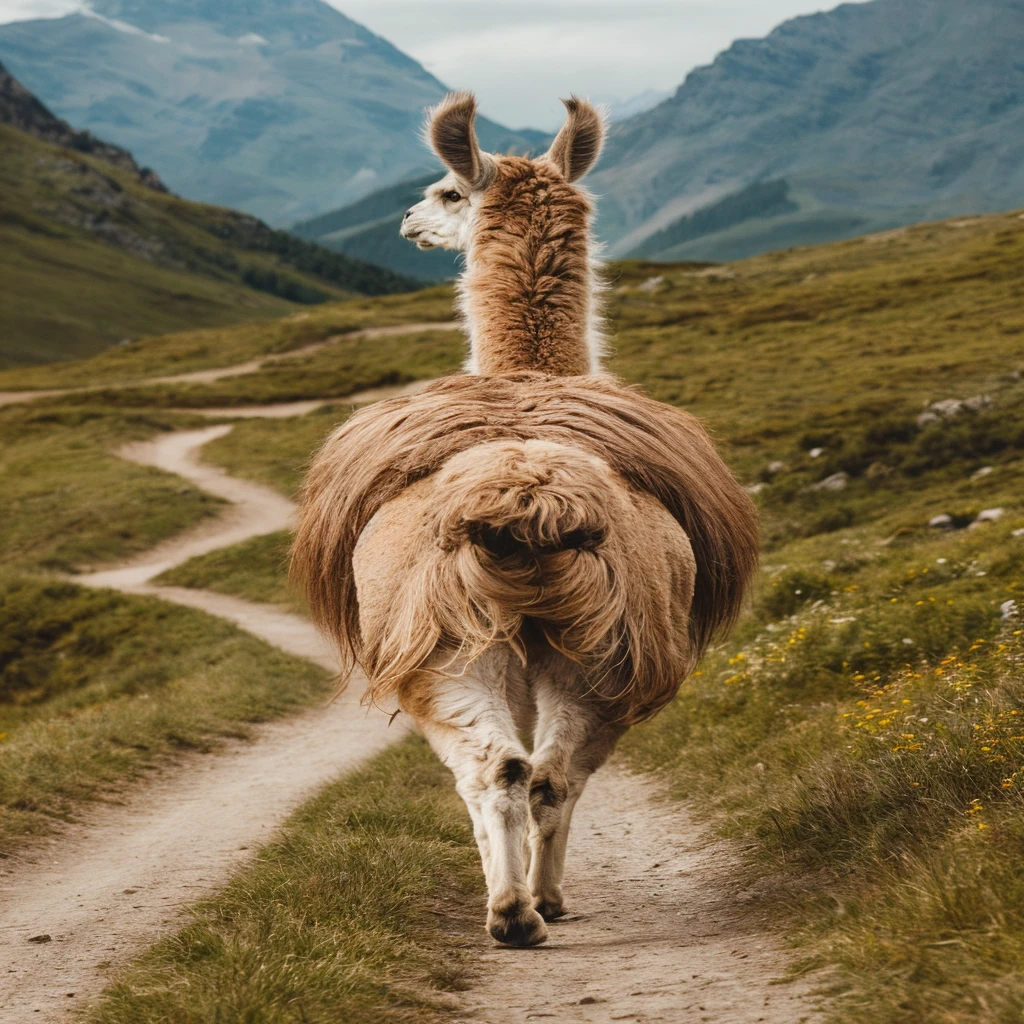 A stunning wildlife photograph capturing the majestic back view of a llama walking gracefully along a winding path amidst green meadows in the Andes mountain range. The llama's coat is a mix of brown and beige, with its long, thick hair flowing gently in the breeze. A scenic mountain backdrop frames the image, and the meadow is lush with wildflowers, offering a sense of serenity and tranquility., wildlife photography