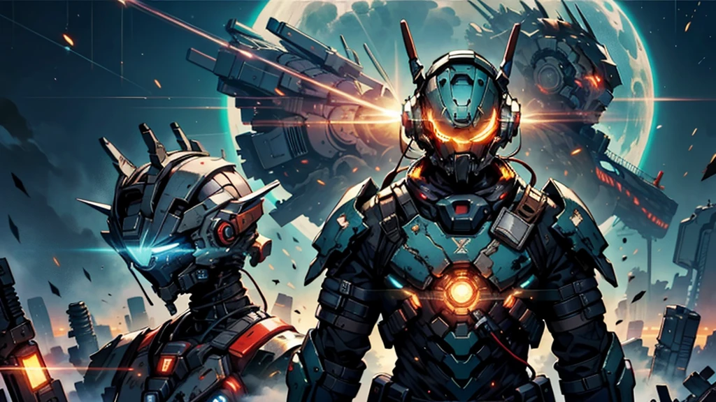 Art inspired by Dead Space, a survivor in a worn spacesuit, prepares for combat against an unknown being, his detailed helmet aglow with pulsing lights, an energy meter humming on his back. In his grip, a plasma pistol with three lasers crackles with power, jet boots at the ready. Floating among the debris of a ruined spacecraft, the sun and Earth hang in the background, the survivor an isolated figure amidst the cosmic chaos.