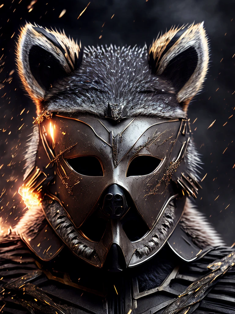 Close-up (Terminator Flash from DC in Viking style: 1.3) (raccoon mask:1.6), emerging from wet black mud, extremely detailed, smoke, sparks, metal shavings, flying debris, volumetric light