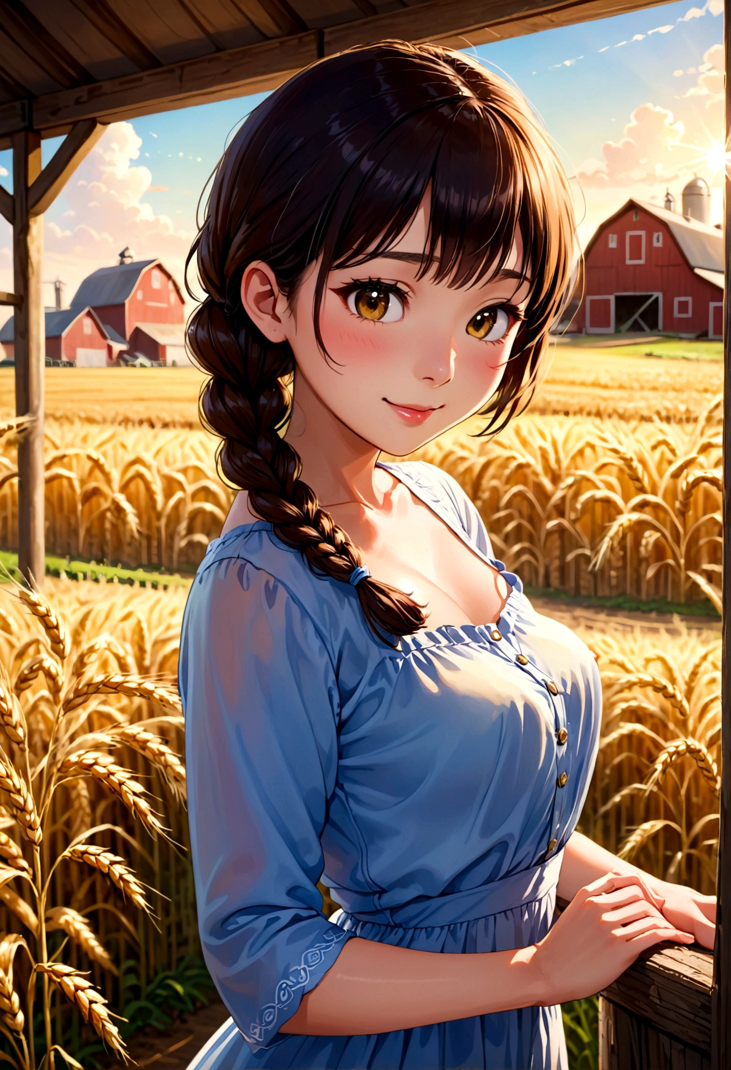 Hitomi Tanaka, 20 years old, tall and attractive, wearing a cute country body tape outfit, hair braided, standing in a rustic farm setting. She has a soft, gentle smile and expressive eyes. In the background are charming barns, golden wheat fields and clear blue skies. The composition should be bathed in warm golden hour light, with soft depth of field and soft bokeh to accentuate the idyllic tranquility. Capture images as if they were shot on vintage 35mm film for added oomph, filmg,