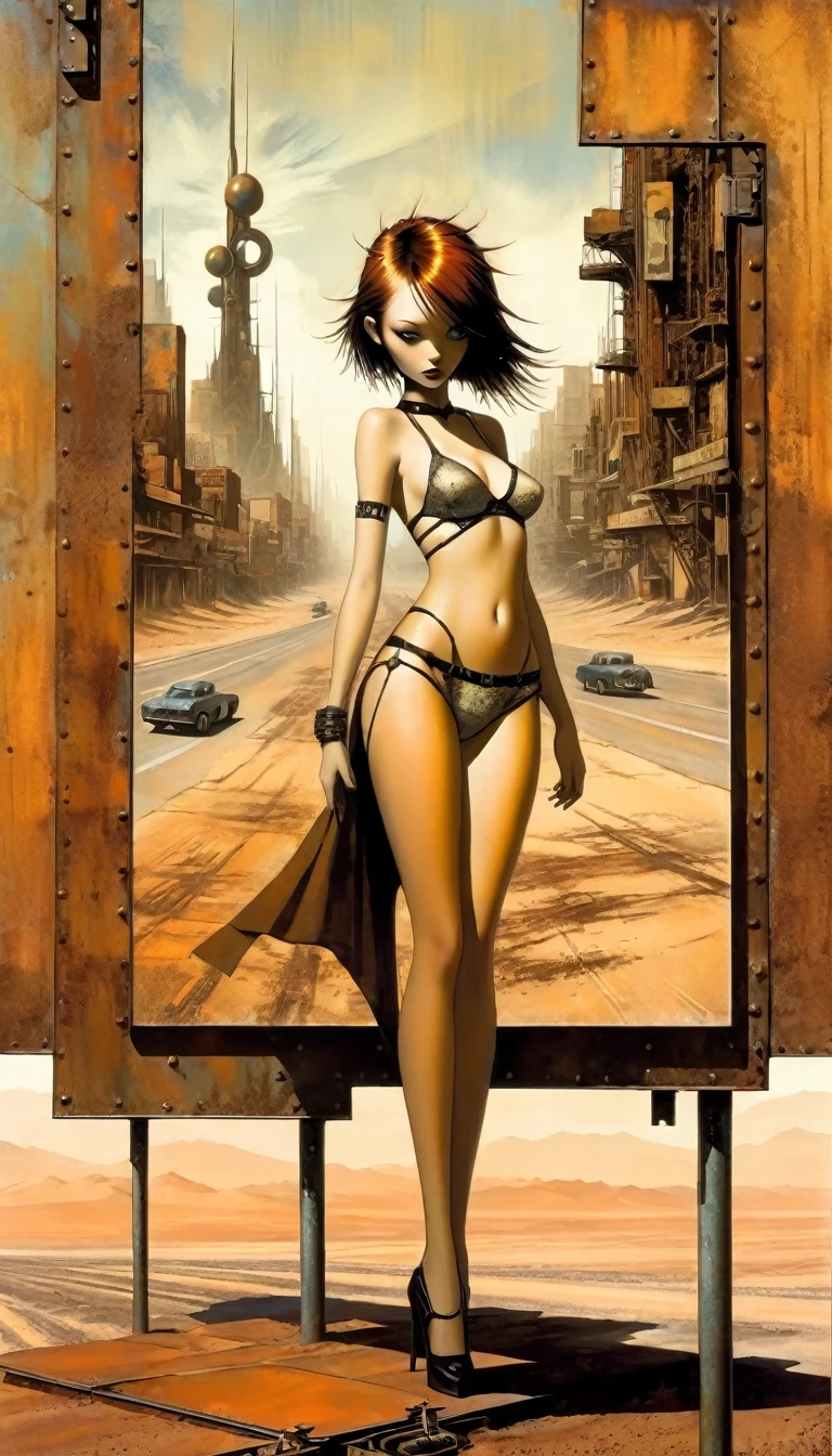 road sign in the desert rusty smooth metal panel with screwed and welded parts, advertisement with a girl in lingerie, in the distance you can see a futuristic city (Dave Mckean inspired art, intricate details, oil painting)