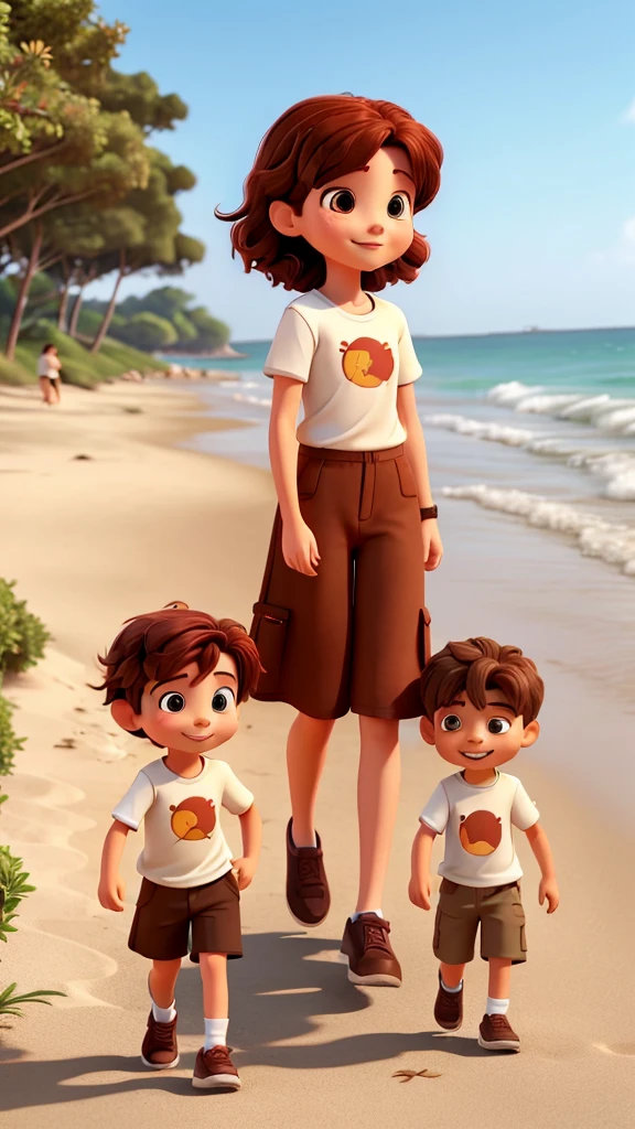 A girl with dark red hair wearing a brown dress is walking with a boy with short brown hair wearing a white t-shirt and biegie short pants. They show a happy facial reaction. They walked by the beach.
