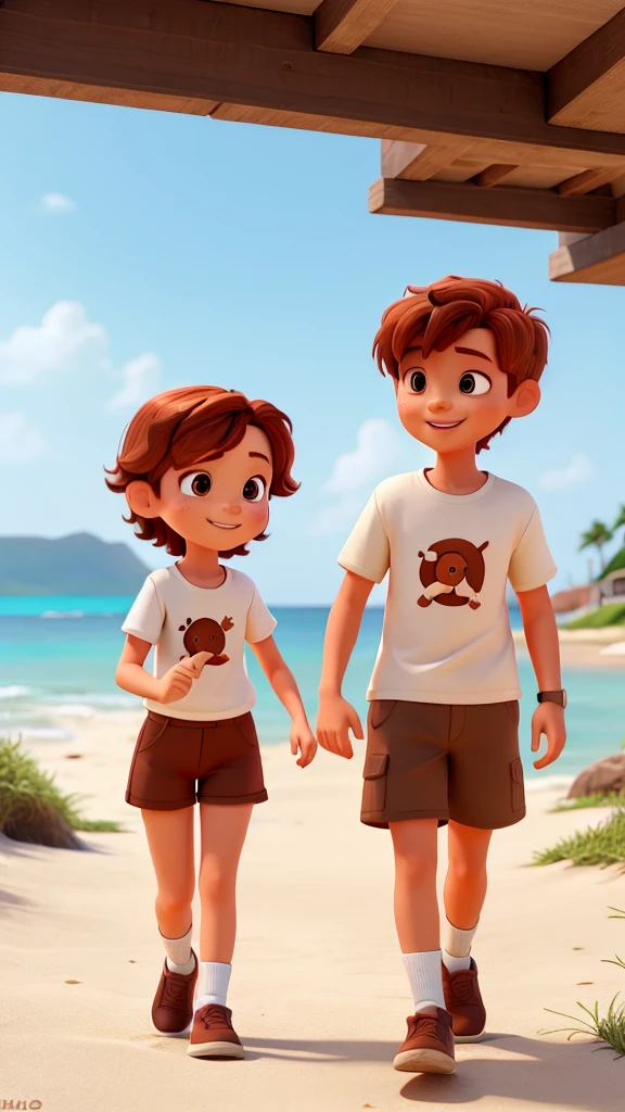 A girl with dark red hair wearing a brown dress is walking with a boy with short brown hair wearing a white t-shirt and biegie short pants. They show a happy facial reaction. They walked by the beach.