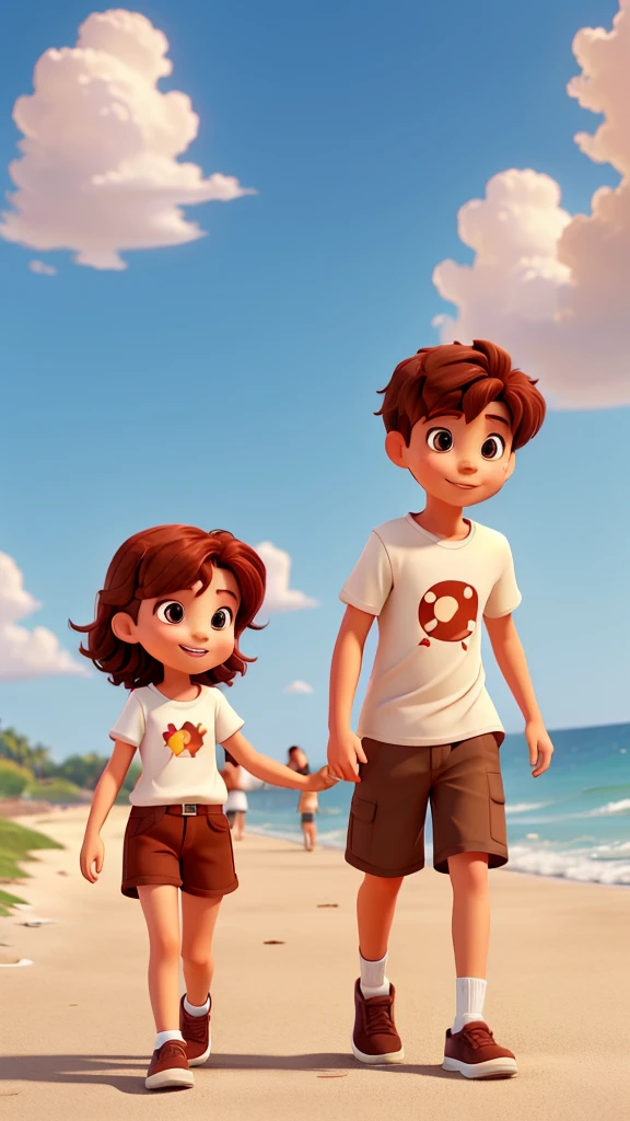 A girl with dark red hair wearing a brown dress is walking with a boy with short brown hair wearing a white t-shirt and biegie short pants. They show a happy facial reaction. They walked by the beach.