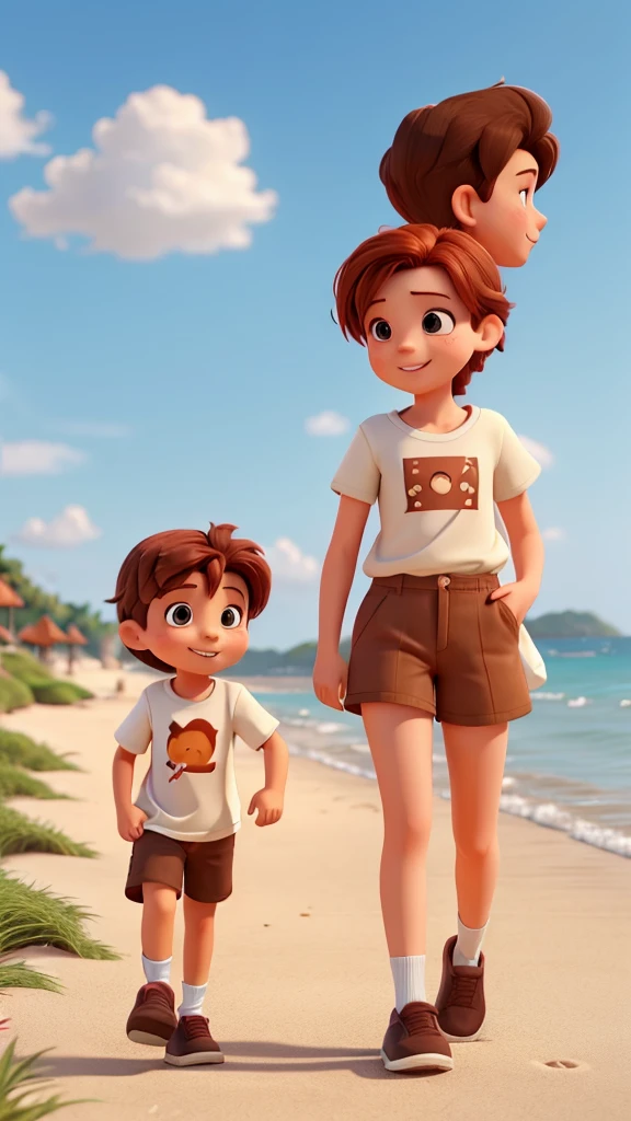 A girl with dark red hair wearing a brown dress is walking with a boy with short brown hair wearing a white t-shirt and biegie short pants. They show a happy facial reaction. They walked by the beach.