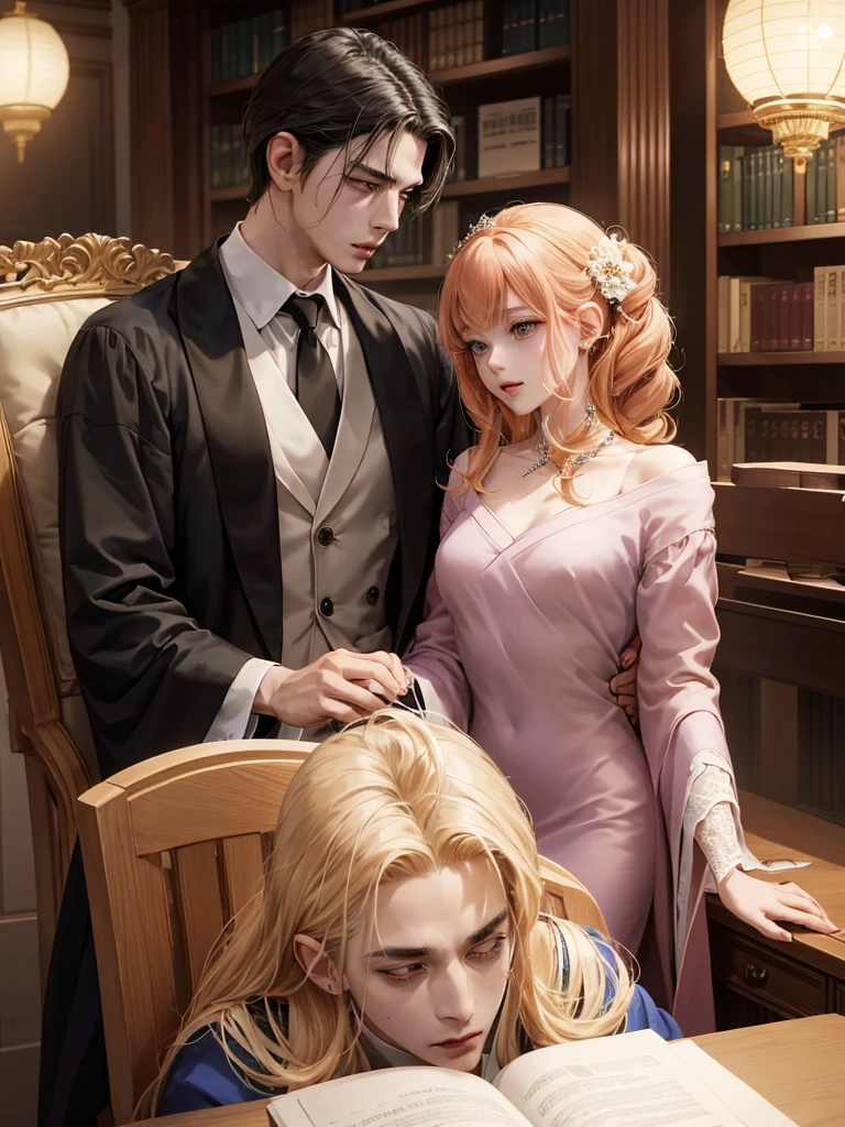 anime image of two people in a library with a table and chairs, a portrait inspired by Tomioka Tessai, trending on pixiv, auto-destructive art, two anime handsome men, anime key visual of elegant, ((wearing aristocrat robe)), dapper dream demon, my dress up darling anime, machiavellian puppetmaster, royal attire akira