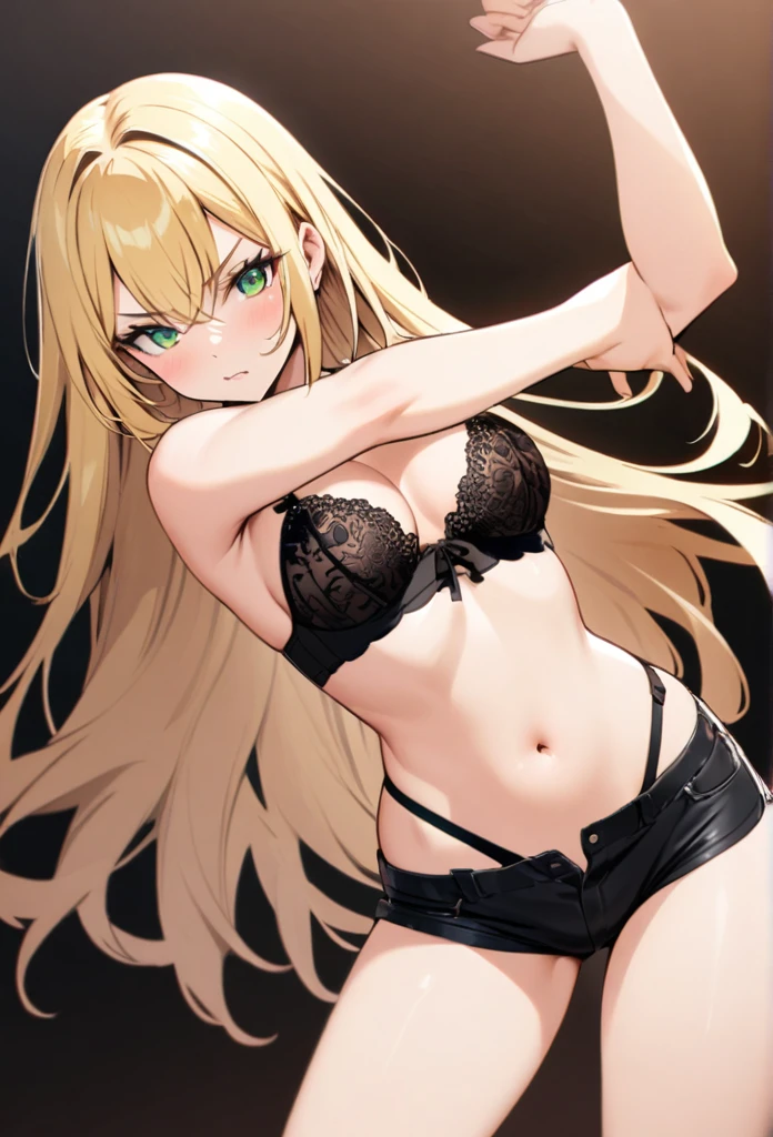 Blonde girl with green eyes and and tattoos, short shorts, visible panty straps, black bra, lace bra, sexy pose, long hair, bangs