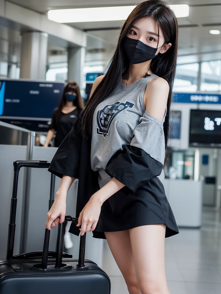 Beautiful woman wearing a Grey and dark blue dan Wearing clothes mini dress with decorations on the shirt and visible shoulders and wearing boots and being photographed with a Airport page background And he was on a jet plane while wearing a mask ,Korean style swag, beautiful face so gorgeous, Beautiful eyes, y2k style