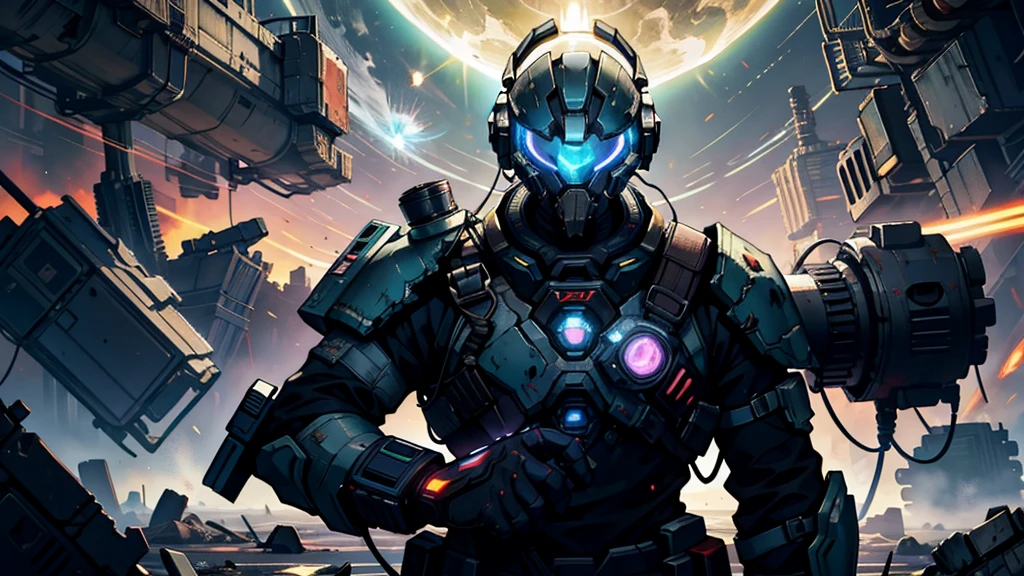 Art inspired by Dead Space, a survivor in a worn spacesuit, prepares for combat against an unknown being, his detailed helmet aglow with pulsing lights, an energy meter humming on his back. In his grip, a plasma pistol with three lasers crackles with power, jet boots at the ready. Floating among the debris of a ruined spacecraft, the sun and Earth hang in the background, the survivor an isolated figure amidst the cosmic chaos.