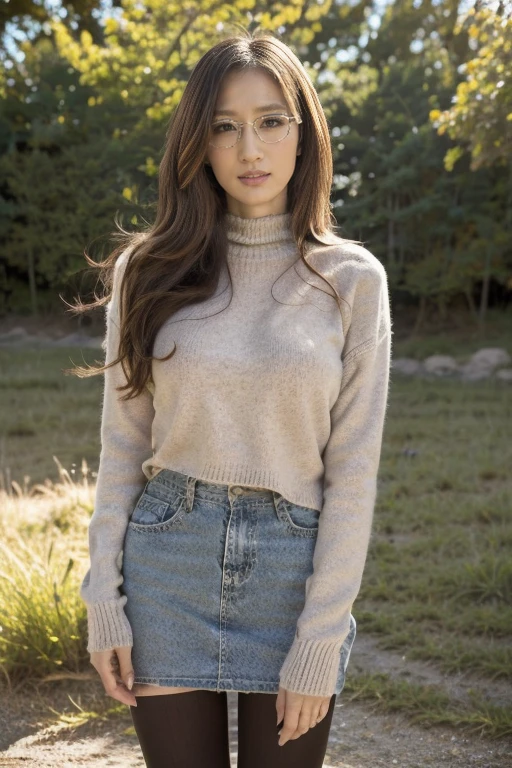 masterpiece, best quality, 1 Girl, ((Looking at the audience)), Lilac hair, Purple Eyes, Long hair, Ahog, sweater, sweater skirt, Beautiful long legs,Pantyhose, 163 cm, Hair between the eyes, Large Breasts, aldult, 33 years old, Mature, Glasses