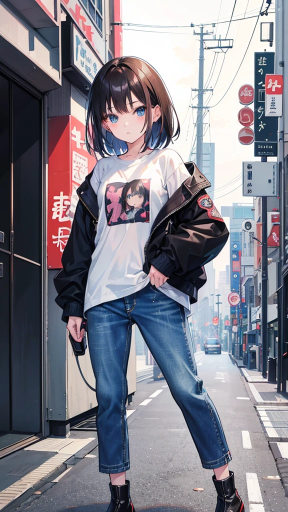 Japanese girl  with dark brown hair and bangs, blue eyes, piercing gaze, denim jacket, denim pants, ankle boots, white T-shirt, full length, night Tokyo, blurred background, holding a flip phone in her hand, (90's anime style )