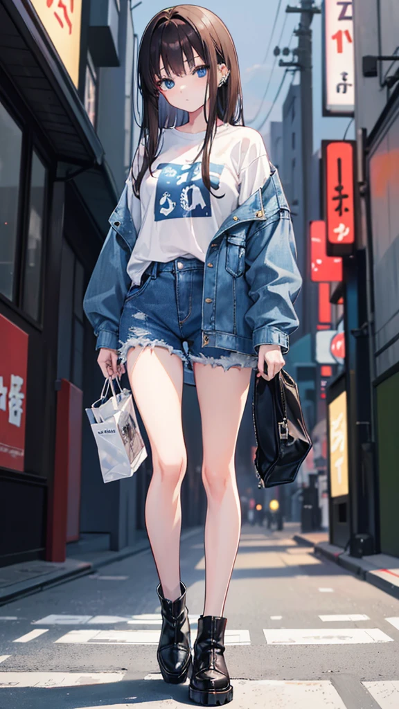 Japanese girl 17 years old with dark brown hair and bangs, blue eyes, piercing gaze, denim jacket, denim pants, ankle boots, white T-shirt, full length, night Tokyo, blurred background, holding a flip phone in her hand, (90's anime style )