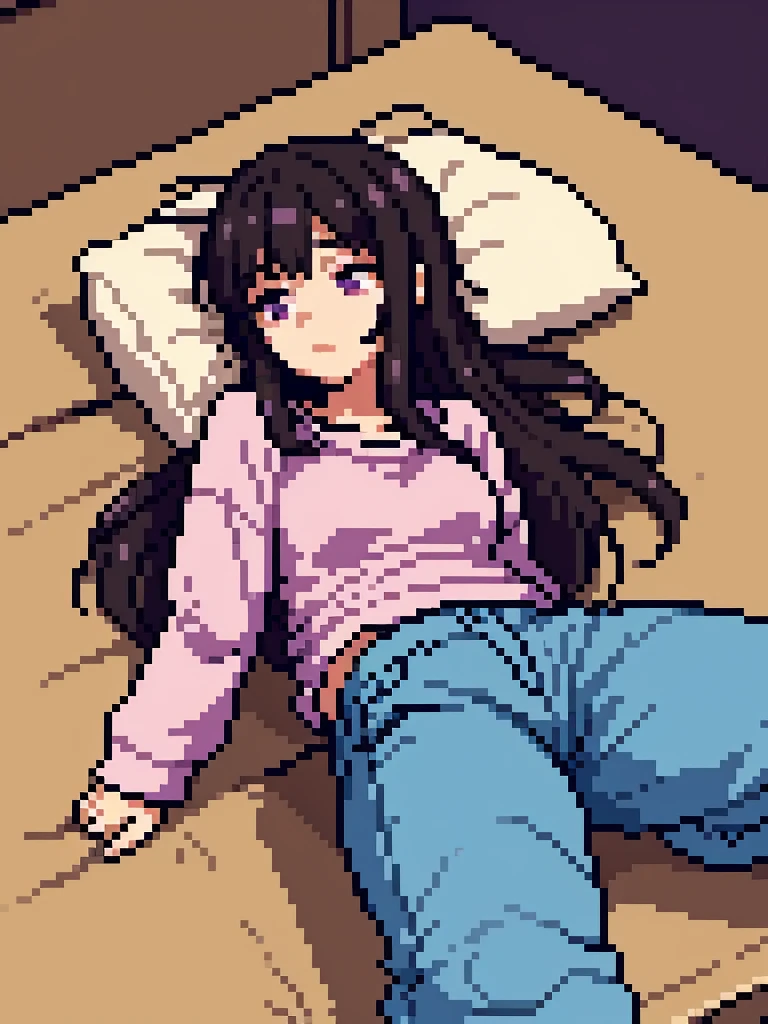 One girl, 20 years old, downtrodden girl, tired girl, confused girl, uncertain posture, long hair, black hair, brown hair. eyes with a transition from blue to purple, dark hair, anime style, 4k image, full body, modern appearance. all the details have been worked out, modern clothes, full-fledged clothes, baggy clothes, cheap clothes, detailed face, lots of details, very detailed, deep, elaborate facial expression, in the apartment, sleeping in bed, lying on the bed, sleeping